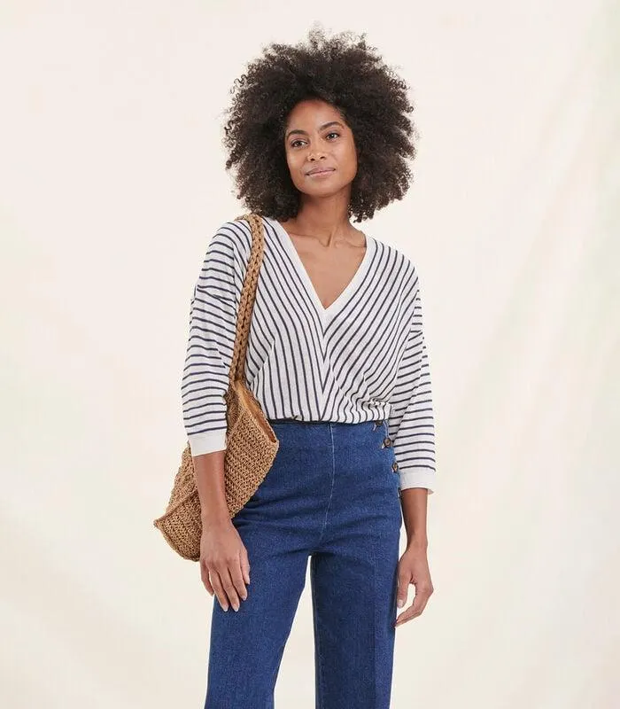 Gestreepte trui V-hals 3/4 mouwen