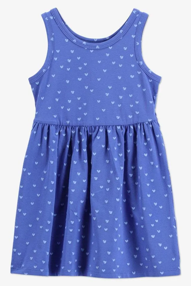 Blauwe mouwloze korte jurk met hartjesprint