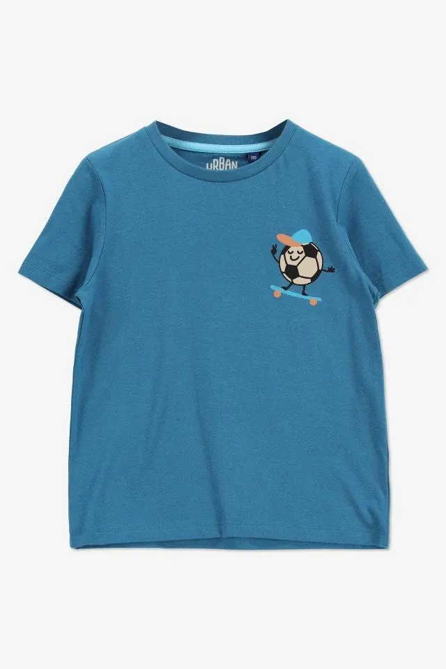 Blauw Tshirt met een skatende voetbalprint