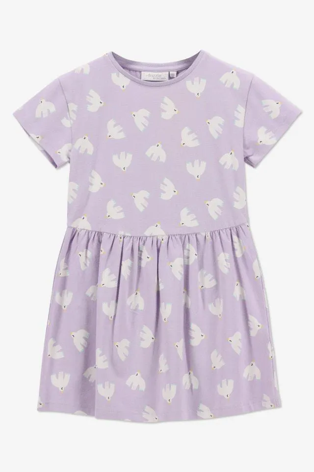 Lila korte jurk met geprinte witte vogels