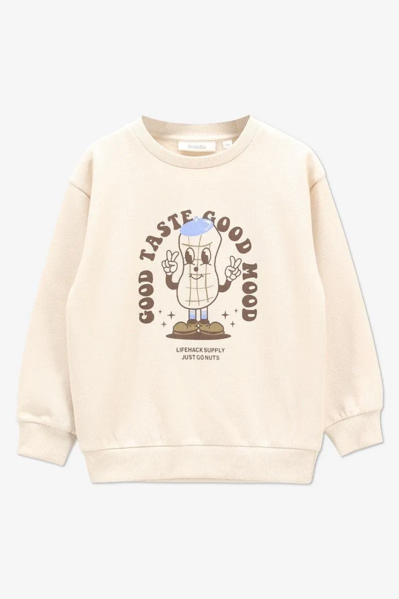 Lichtbeige sweater met borstprint