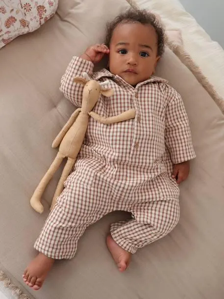 Combinaison en gaze de coton bébé doublée - carreaux marron