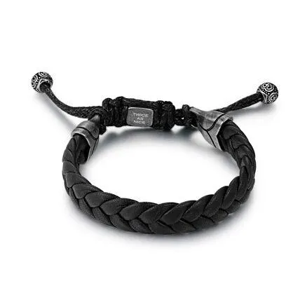 Armband in edelstaal, zwart gevlochten leder