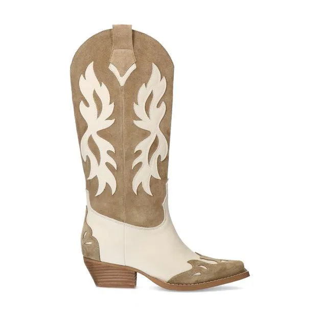 Beige suède cowboylaarzen met sierstiksels