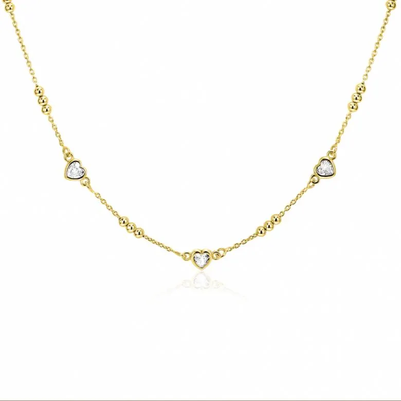 ZINZI gold plated zilveren schakelketting met trio-bolletjes en drie hartvormige witte zirkonia's 40-45cm ZIC2679