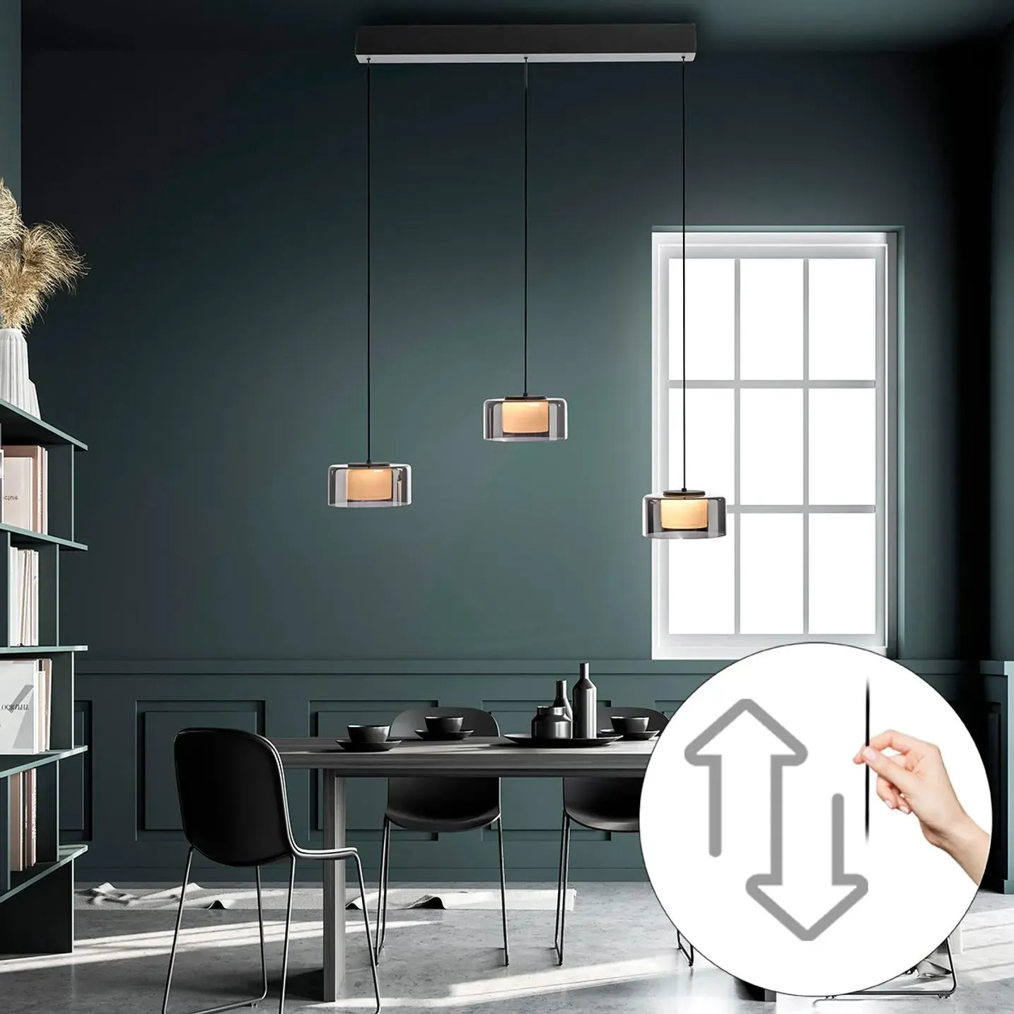 Hanglamp zwart met smoke glas incl. LED 3-lichts Easylift - Rika