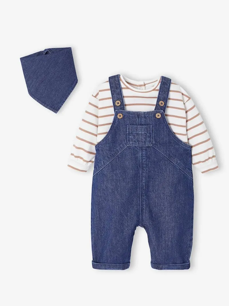 Ensemble 3 pièces naissance body + salopette + foulard - stone