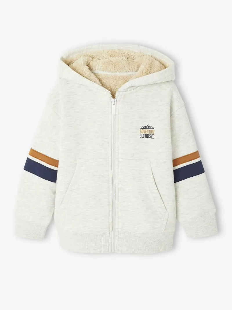 Sweat garçon zippé à capuche doublé sherpa - blanc chiné