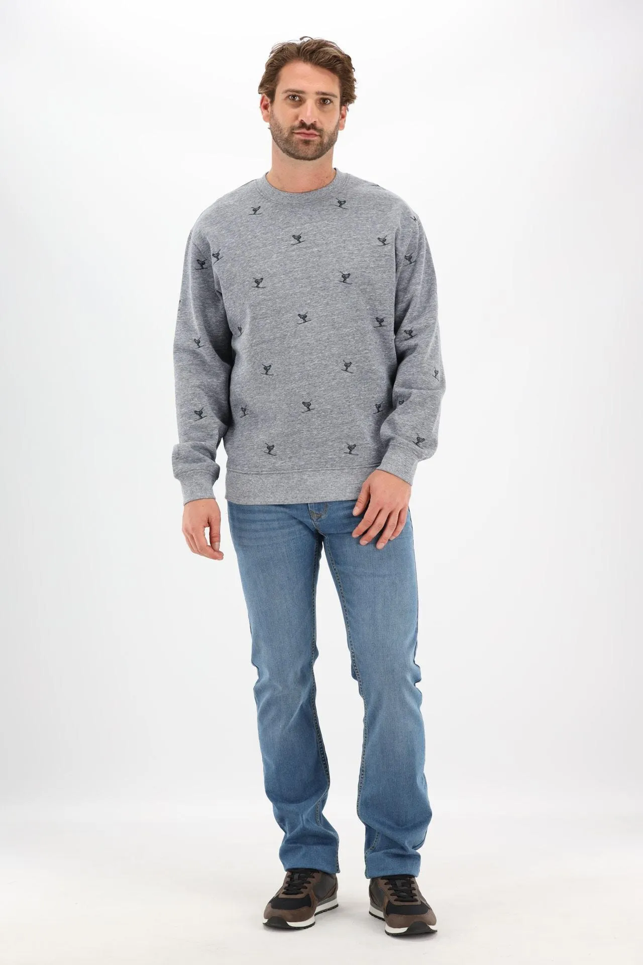 Grijze sweater met blauwe ski broderie
