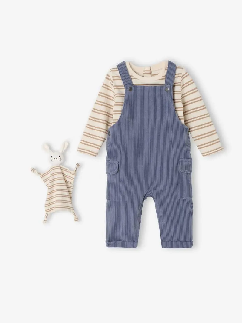 Coffret bébé T-shirt manches longues + salopette + doudou - bleu grisé