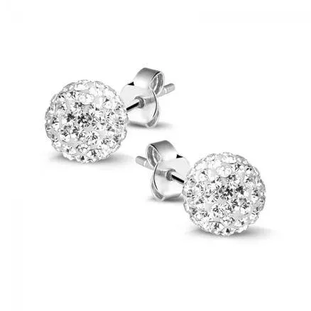 Oorbellen in zilver, bol met witte kristallen