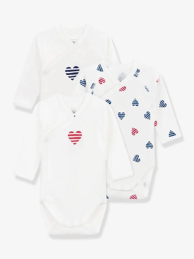 Lot de 3 bodies croisés coeurs rayés bébé en coton manches longues - blanc