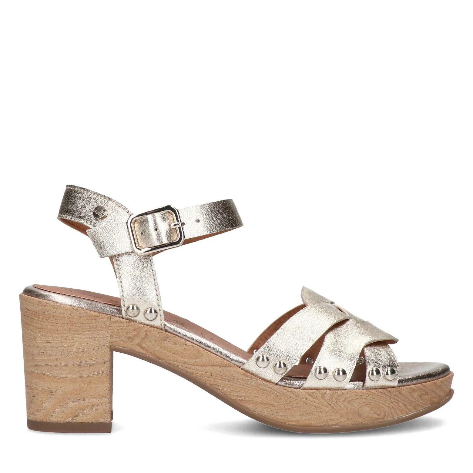 No Stress Gouden leren blokhak met gevlochten band