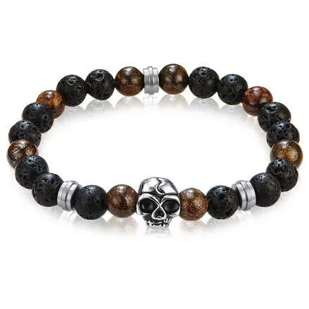Armband in edelstaal, zwarte lavastenen, doodskop