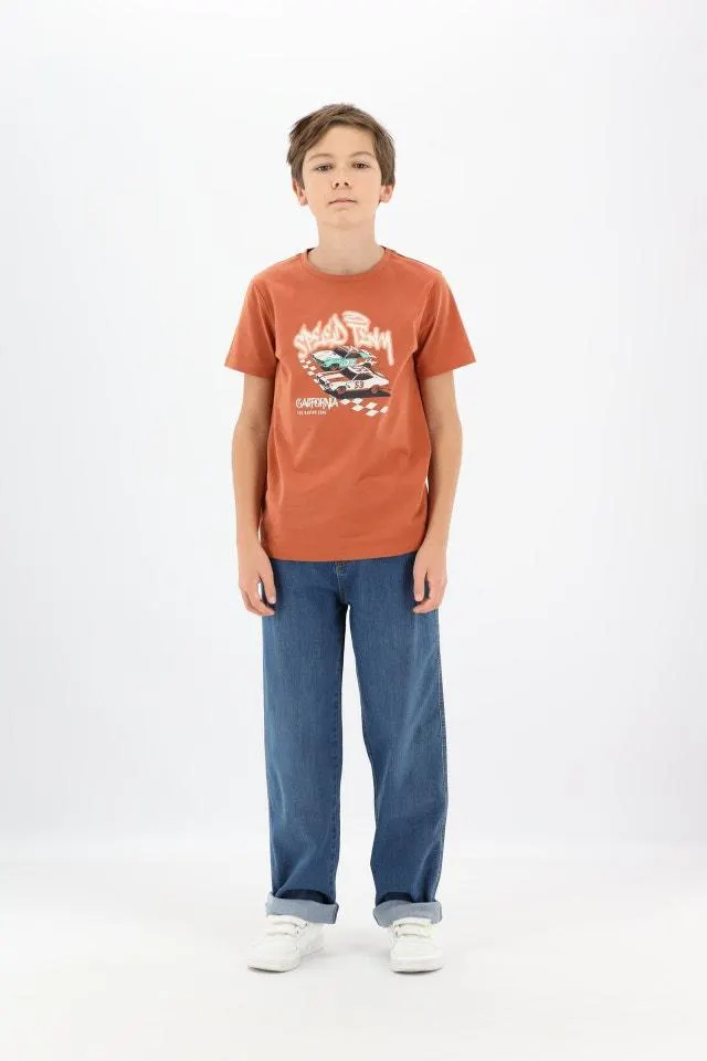 Bruinrood T-shirt met borstprint "Speed team"