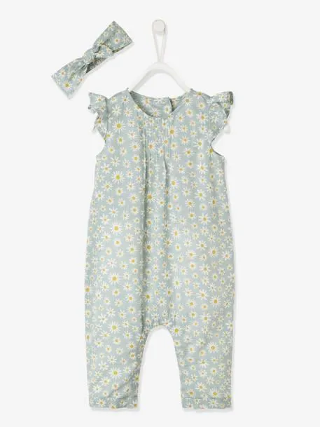 Ensemble combinaison + bandeau imprimés bébé fille - vert céladon imprimé