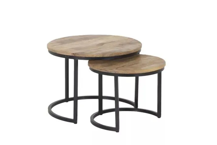 Bijzettafel Half Moon hout massief metaal rond set van 2