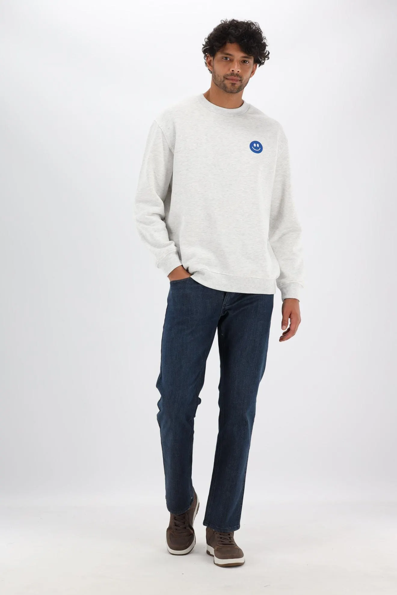 Lichtgrijze sweater Side by Side blauwe smiley