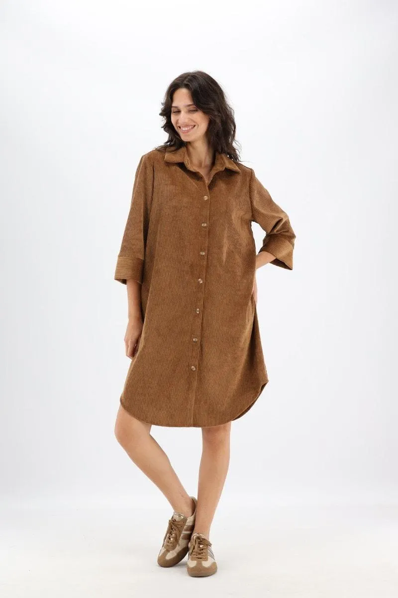 Bruin kort corduroy jurk met hemdkraag