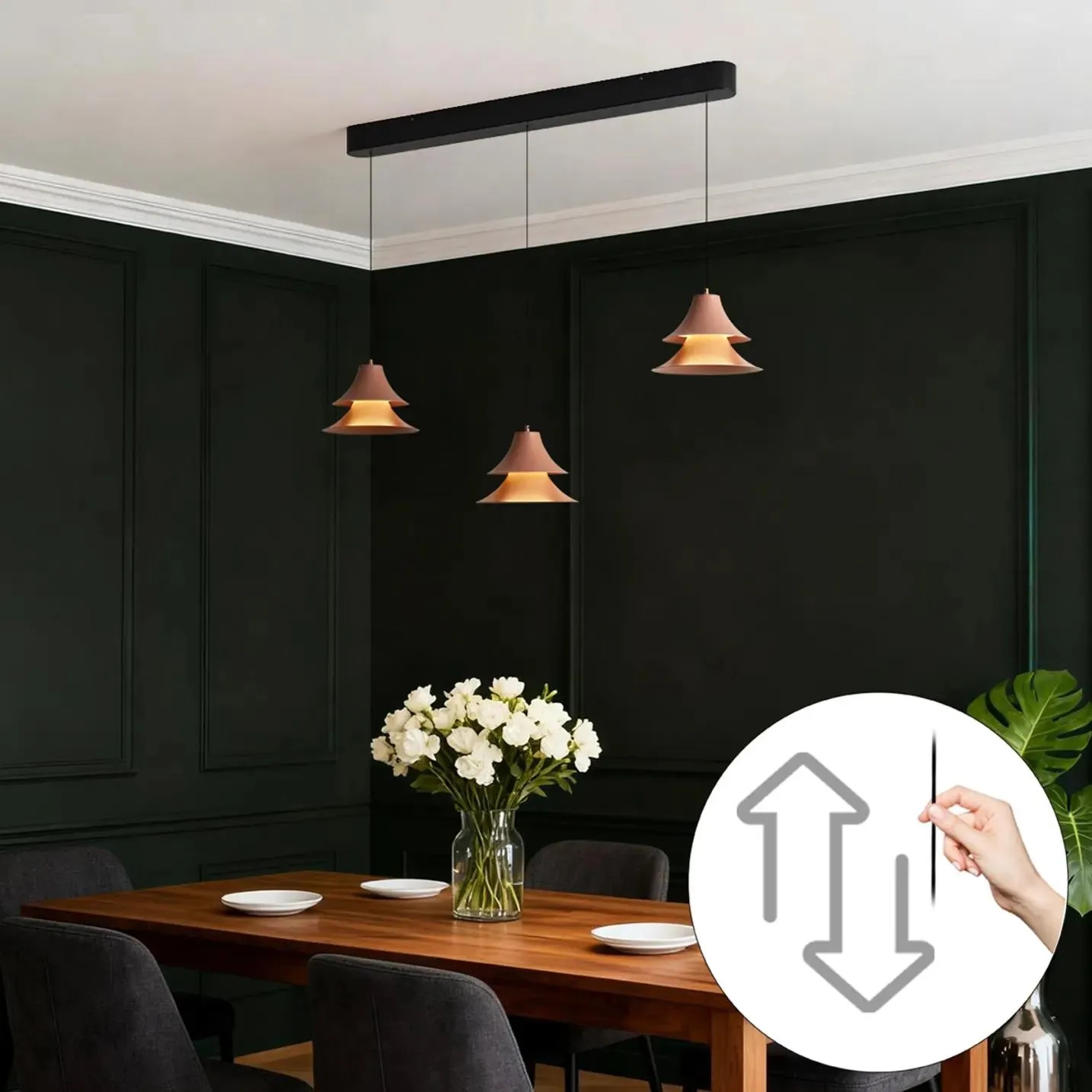 Hanglamp zwart met mokka incl. LED 3-staps dimbaar 3-lichts Easylift - Witch