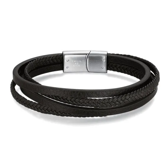 Armband in edelstaal, 4 rijen bruin leer