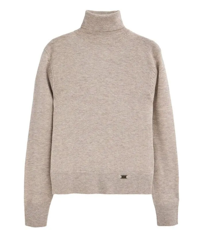 Gemêleerd beige coltrui van merinowol en met slim fit