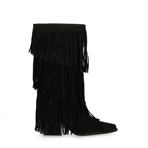 Zwarte suède cowboylaarzen met franjes