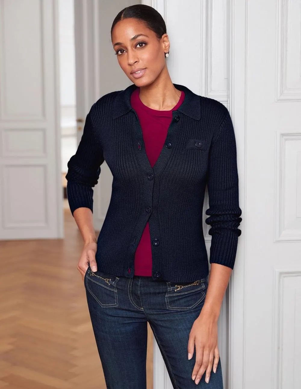 Ribtricot vest met lange mouwen