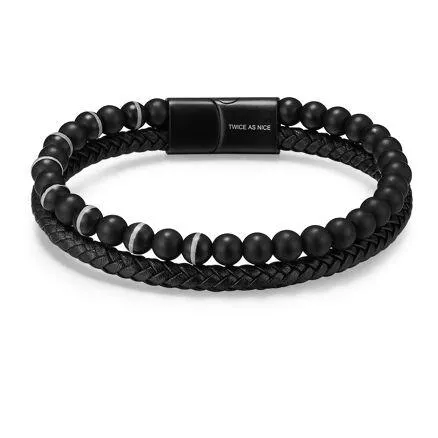 Armband in edelstaal, mix van leer en zwarte agaat