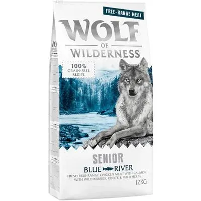 Wolf of Wilderness Senior Blue River poulet élevé en liberté, saumon pour chien