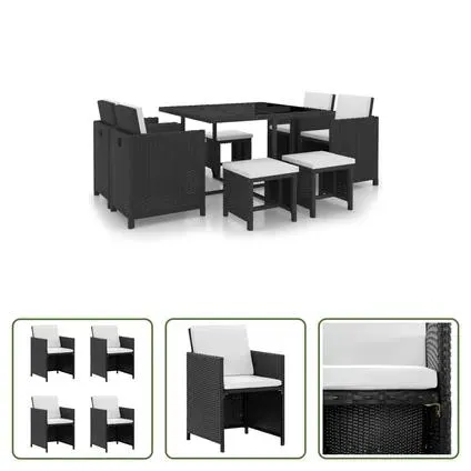 vidaXL Ensemble à manger d’extérieur 9 pcs coussin Résine tressée Noir