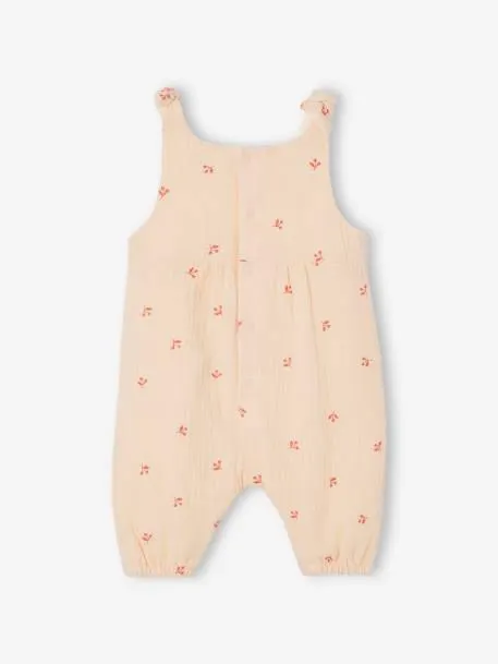 Combinaison bébé naissance brodée en gaze de coton - rose pâle