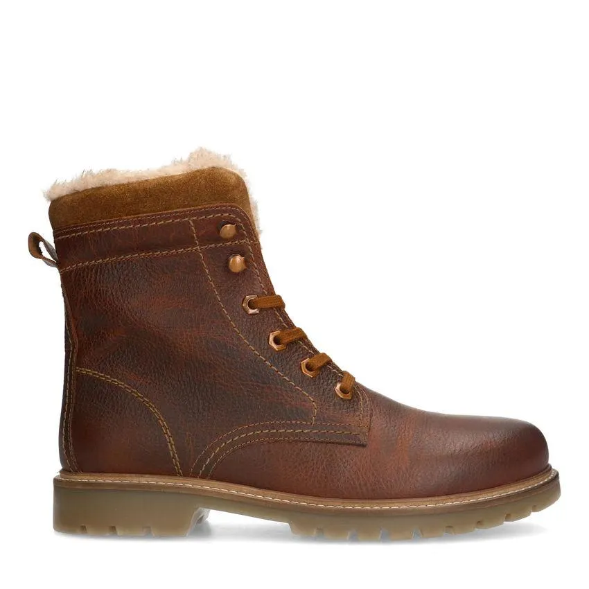 Cognac leren boots met imitatiebond