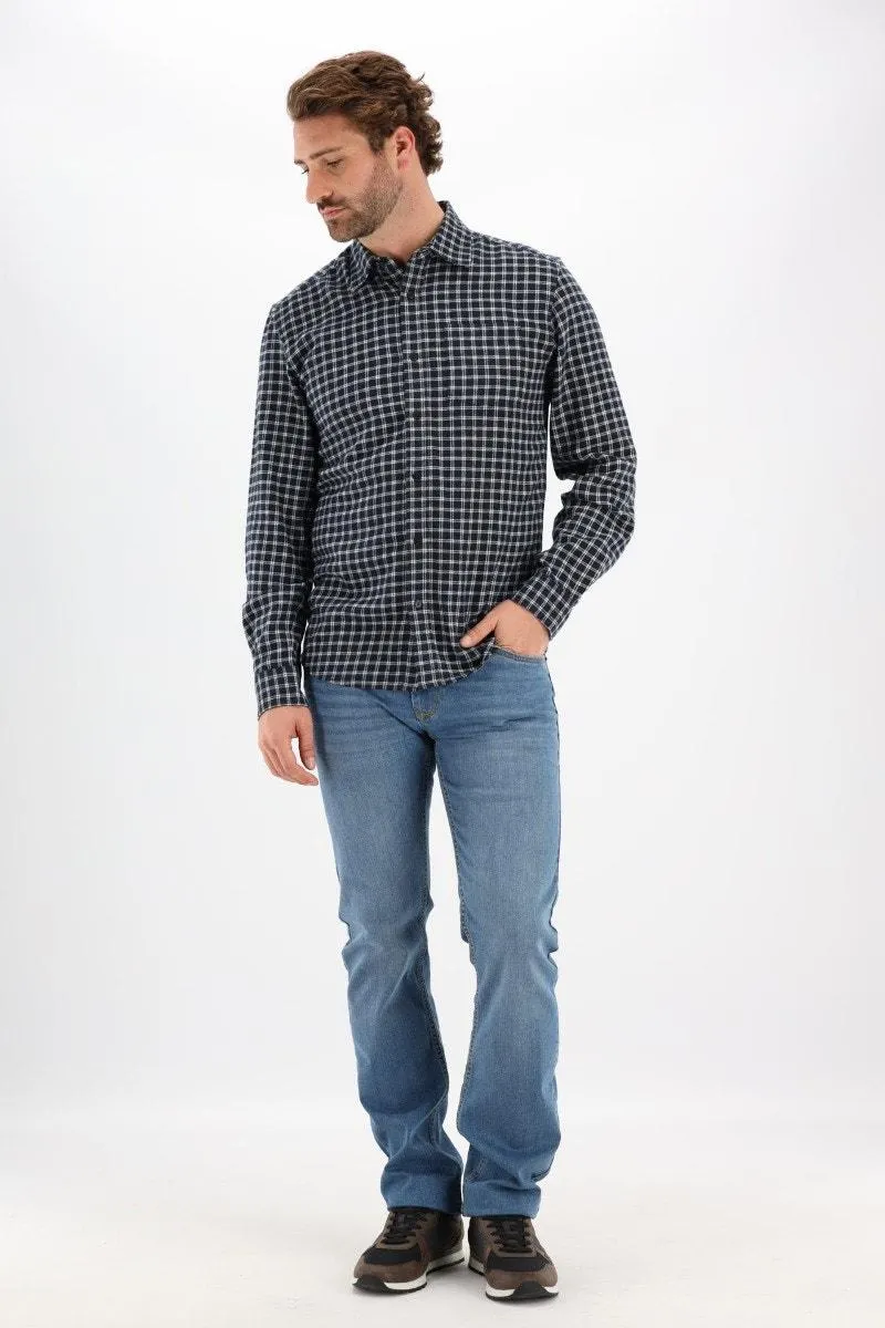 Donkerblauw/wit geruit flanel hemd