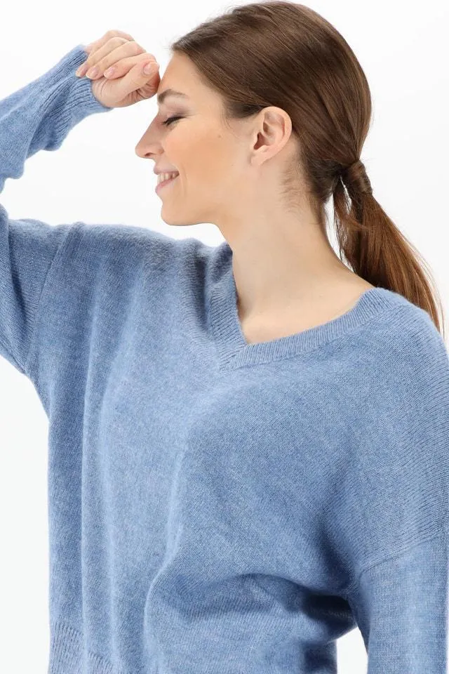 Blauwe superzachte trui met V-hals