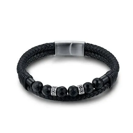 Armband in edelstaal, dubbel gevlochten zwart leder, 6 zwarte bollen