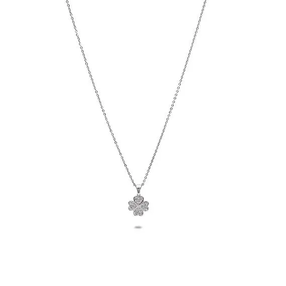 Halsketting in edelstaal, bloem met zirkonia