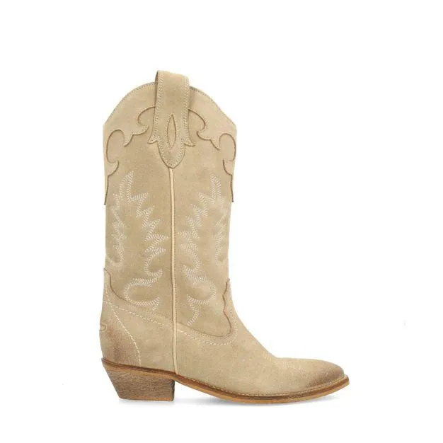 Beige suède cowboylaarzen met sierstiksels