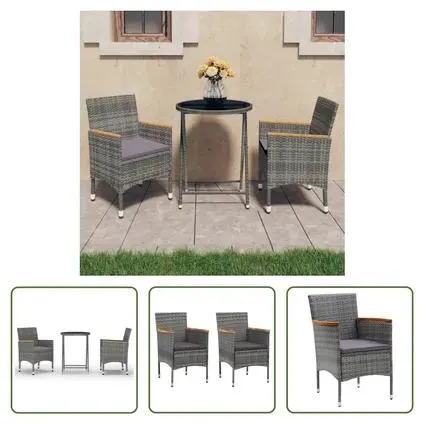 vidaXL Ensemble de bistro 3 pcs Résine tressée et verre trempé Gris