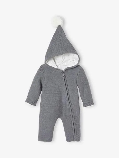 Combinaison doublé bébé naissance en tricot - gris chiné