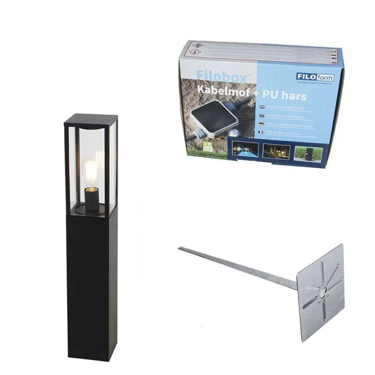 Álló kültéri lámpa, fekete 80 cm földelt tüskével és kábelhüvellyel - Charlois