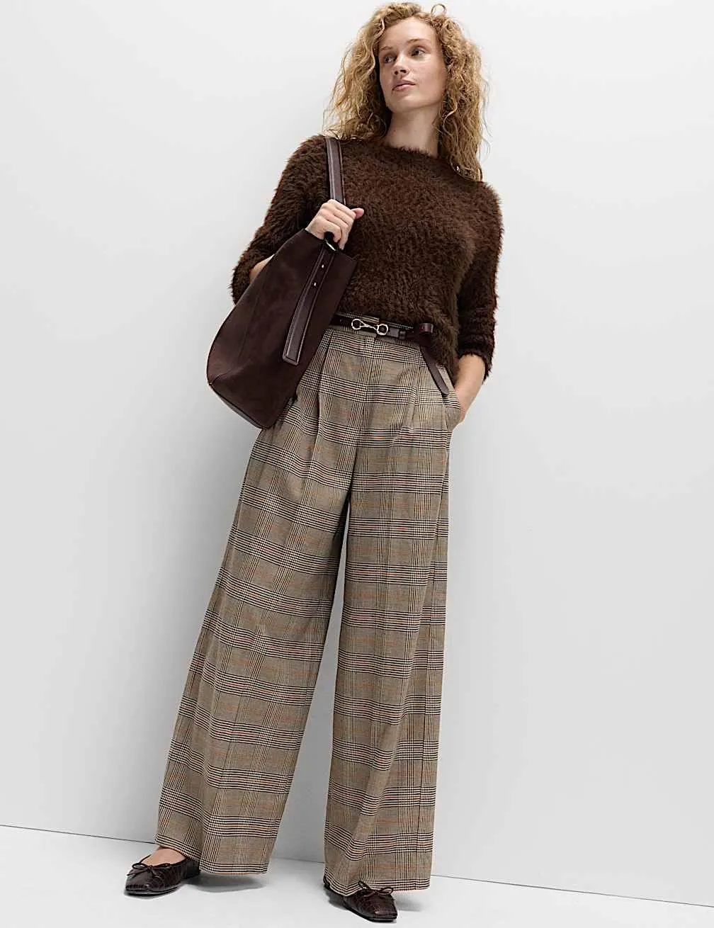 Checked Side Tab Back Pleated Trousers
