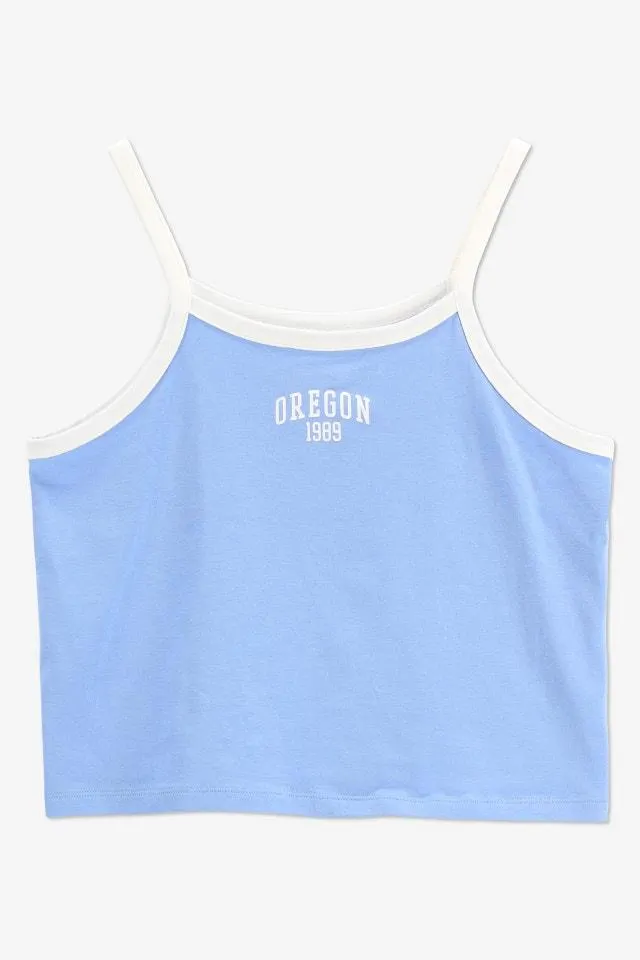 Blauwe top met witte spaghettibandjes