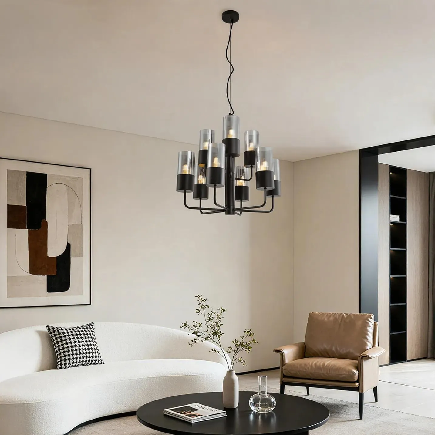 Moderne kroonluchter zwart met smoke glas 9-lichts - Laura