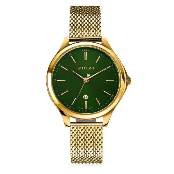 ZINZI Classy horloge 34mm groene wijzerplaat goudkleurige stalen kast en meshband, datum ZIW1035M