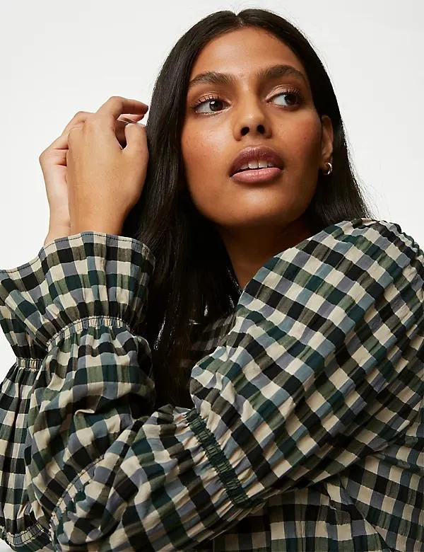 Cotton Blend Checked Shirred Blouse