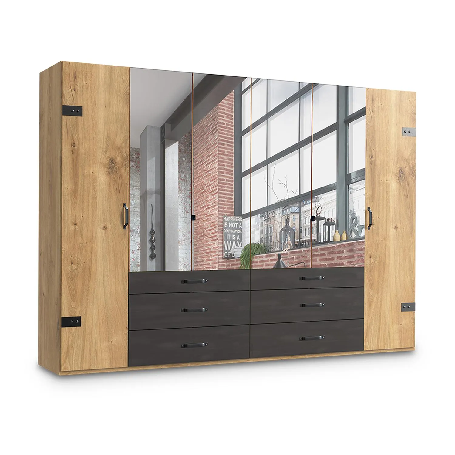 Draaideurkleerkast KICK F99-Plankeneiche/Raw Steel B300