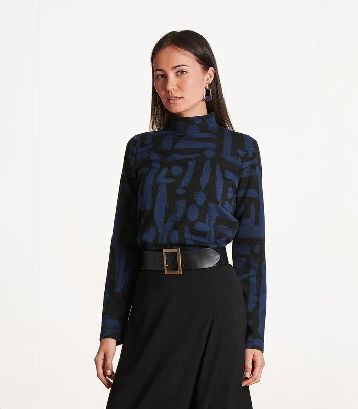 T-shirt zwart en blauw in jacquard met print en lange mouwen