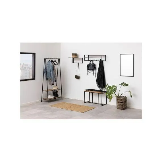 Seaford Coat Rack Matt Black Metal-Matt Wild Oak Shelf 77X28X22Cm