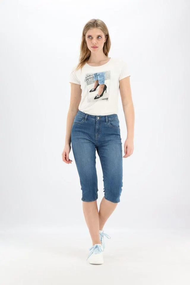 Blauwe driekwart jeans met hoge taille